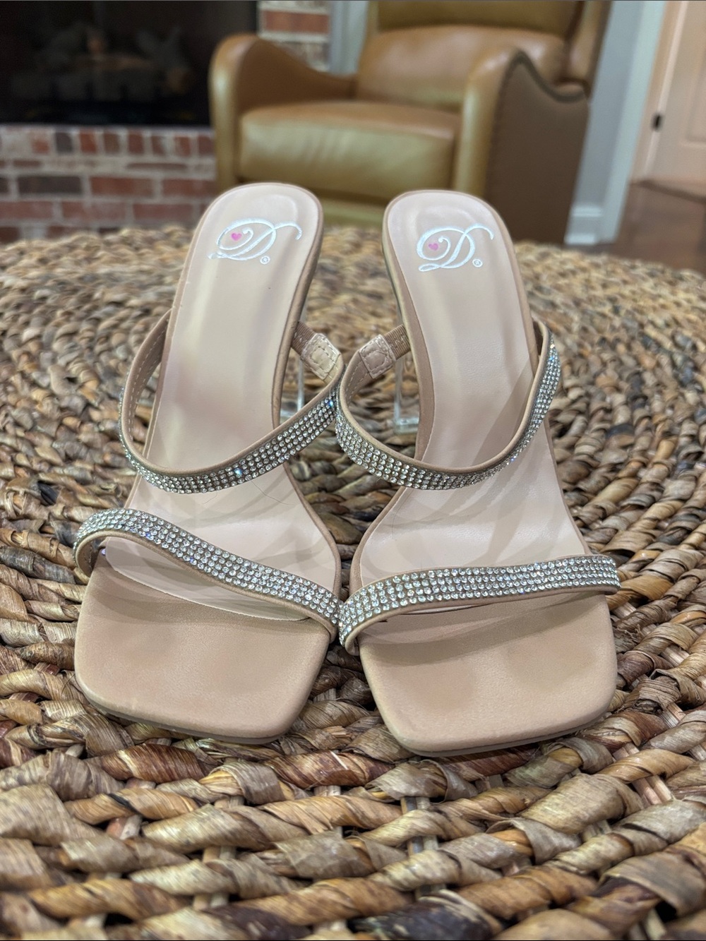 Dollhouse Nude Rhinestone Strappy Slide Heels